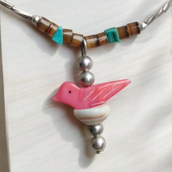 Native Jewelry - Sterling Native Turquoise And Coral Bird Fetish Heishi Bead Necklace